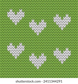 Fondo verde claro y patrón de punto de corazón blanco. patrón vector de punto. Patrón de gradiente sin soldadura para ropa, papel envolvente, fondo, fondo, tarjeta de regalo.