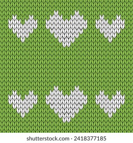 Light green background and white heart knitted pattern. knitted vector pattern. Seamless gradient pattern for clothing, wrapping paper, backdrop, background, gift card.