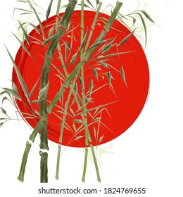 Bambú verde claro sobre el fondo del sol rojo. Ilustración vectorial estilizada como una acuarela, creada con pinceles y manchas de pintura. Aislado sobre un fondo blanco.