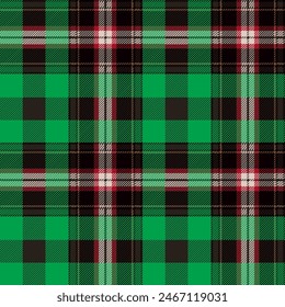 Light green, black and red tartan plaid pattern. Scottish fabric swatch close-up.