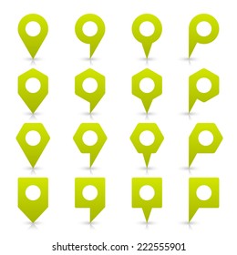 Light green blank map pin sign location icon with white empty space and gray shadow, reflection on white background in simple flat style. Web design element in vector illustration 8 eps