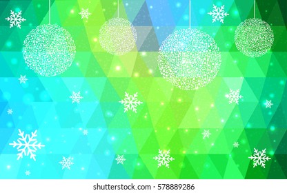 Light green, blue vector christmas polygon background. Low poly Illustration consisting of triangles with snowflakes. Texture, seamless background of New Year celebration.