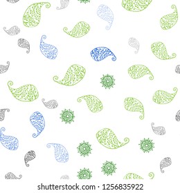 Light Green, Blue vector seamless elegant wallpaper with leaves and flowers. Shining colored illustration with leaves and flowers. Texture for window blinds, curtains.