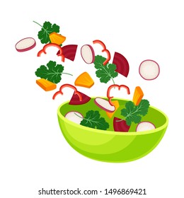 Light green bowl with slices of beets and other vegetables. Vector illustration on a white background.