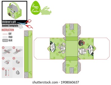 light green box template for Easter holiday. rabbit basket with eggs. vector drawing