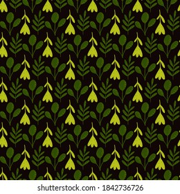 Light green branches and leaves abstract simple seamless pattern. Black background. Stock illustration. Vector design for textile, fabric, giftwrap, wallpapers.