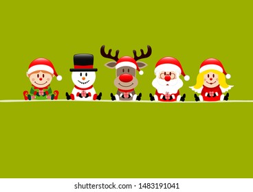 Light Green Card Elf Snowman Reindeer Santa And Angel