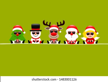 Light Green Card Tree Snowman Reindeer Santa And Angel With Sunglasses