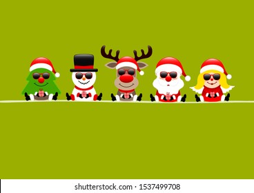 Light Green Card Tree Snowman Reindeer Santa And Angel With Sunglasses