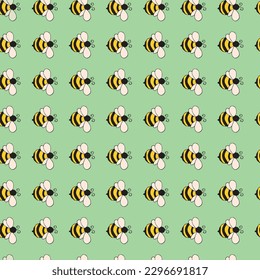 Light green Cartoon Bees seamless pattern background. Flying bees Summer vector pattern. Doodle bugs pattern.