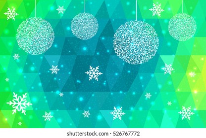 Light Green christmas postcard low polygon background. Vector illustration consisting of triangles. Abstract triangular polygonal origami or crystal design of New Year celebration.