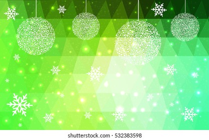 Light green christmas postcard low polygon background. Vector illustration consisting of triangles. Abstract triangular polygonal origami or crystal design of New Year celebration.