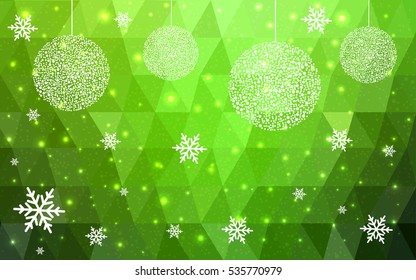 Light Green christmas postcard low polygon background. Vector illustration consisting of triangles. Abstract triangular polygonal origami or crystal design of New Year celebration.