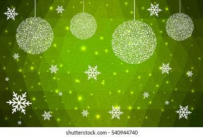 Light Green christmas postcard low polygon background. Vector illustration consisting of triangles. Abstract triangular polygonal origami or crystal design of New Year celebration.