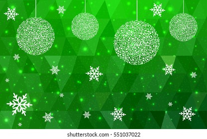 Light green christmas postcard low polygon background. Vector illustration consisting of triangles. Abstract triangular polygonal origami or crystal design of New Year celebration.