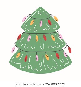 Light green Christmas tree decorated with a whimsical garland with red, yellow, and pink lights. Seasonal festive design for winter holidays projects