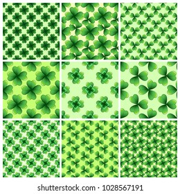 Light green clover leaves vector seamless patterns set. Nature spring background. Irish traditional St. Patrick's day design elements.