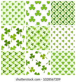 Light green clover leaves vector seamless patterns set. Nature spring background. Irish traditional St. Patrick's day design elements.