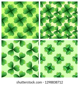 Light green clover leaves vector seamless patterns set. Nature spring background. Irish traditional St. Patrick's day design elements.