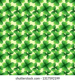 Light green clover leaves vector seamless pattern. Nature spring background. Irish traditional St. Patrick's day design element.