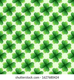 Light green clover leaves vector seamless pattern. Nature spring background. Irish traditional St. Patrick's day design element.