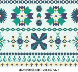 Light green color background highlights a geometric ethnic pattern, on Native American tribal fabric and tile