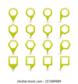 Light green color blank map pin sign empty satin location icon with gray shadow and reflection isolated on white background. Web design element save in vector illustration 8 eps