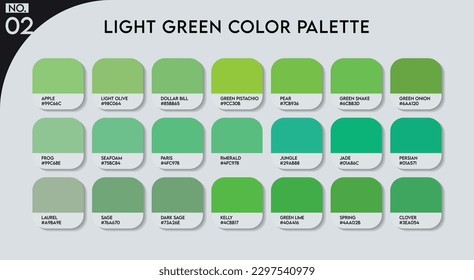 Paleta de guía de color verde claro con nombres de color. Catálogo Muestras de verde claro con códigos RGB HEX y nombres. Vector de paleta de colores metálicos, paleta de color verde claro de madera y plástico, tendencia de moda Verde