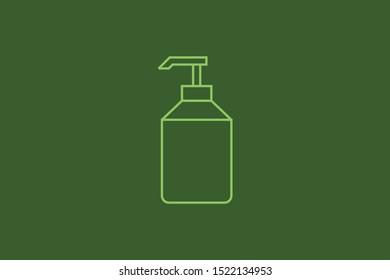Light green colored lotion bottle line icon on dark green background. 