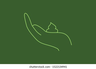 Light green colored lotion in hand  line icon on dark green background. 