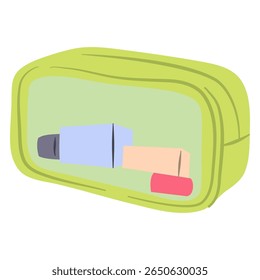 A light green cosmetic bag holds beauty products, making it ideal for travel planning and organization needs. Perfect for beauty and personal care content.