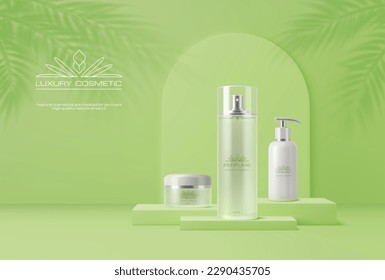 Light green cosmetics podium with bamboo and palm leaves shadow on wall. Vector background with natural moisturizing cosmetic bottles. Showcase with cream jar and tubes with face or skin care products