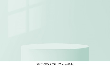 Light green cylinder podium with shadow for product presentation. Minimalist empty stage for cosmetic display or luxury item showcase.