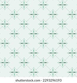 Light green and dark green color cross in square frames on a green background with diagonal line. It is a seamless pattern that looks neat, clean and beautiful.