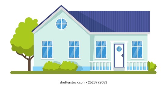 Casa separada verde-clara com telhado azul, janela circular, arbustos e árvore sobre fundo branco, representando conceitos como casa, família e imóveis