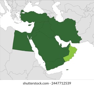 Light green detailed blank political map of OMAN with black borders on gray continent background and white sea surfaces using orthographic projection of dark green Middle East