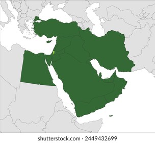 Light green detailed blank political map of PALESTINE with black borders on gray continent background and white sea surfaces using orthographic projection of dark green Middle East