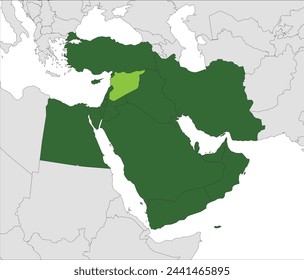 Light green detailed CMYK blank political map of SYRIA with black national country borders on gray continent background and white sea surfaces using orthographic projection of dark green Middle East