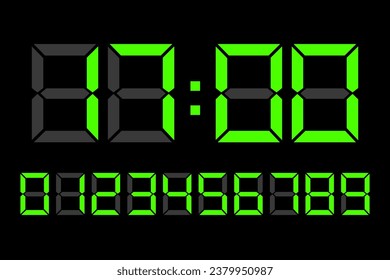 Números LED digitales de color verde claro. Número de reloj digital establecido. Cifras electrónicas. Ilustración vectorial. EPS 10.