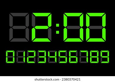 Light green Digital LED numbers. Digital clock number set. Electronic figures. Vector illustration. EPS 10.