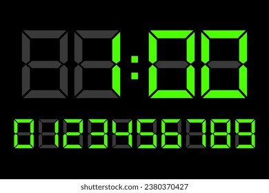 Números LED digitales de color verde claro. Número de reloj digital establecido. Cifras electrónicas. Ilustración vectorial. EPS 10.