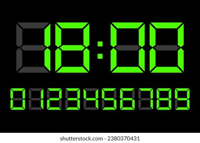 Light green Digital LED numbers. Digital clock number set. Electronic figures. Vector illustration. EPS 10.