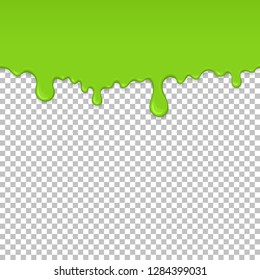 Light green dripping slime seamless pattern. Zombie slime background. Kids sensory toy vector illustration. Realistic oozing slime isolated element. Flowing lime sticky liquid. Paint drops and blots.