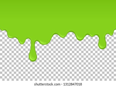 Light green dripping slime seamless pattern. Zombie slime background. Kids sensory toy vector illustration. Realistic oozing slime isolated element. Flowing lime sticky liquid. Paint drops and blots.