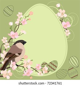 Light green easter greeting card with bird and eggs