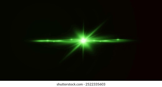Light green effect reflections, neon illumination in green colors. Bright light lens. Police light effects, lines. Shiny stars, glowing sparks on a black background. Vector red light effect