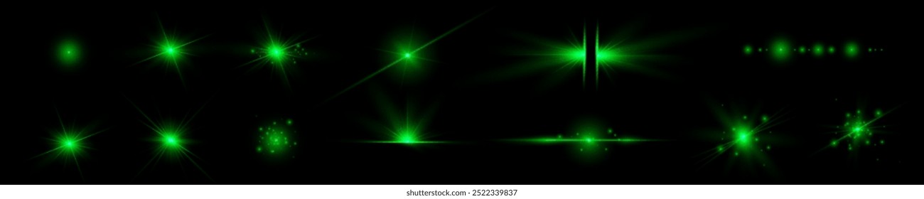 Light green effect reflections, neon illumination in white colors. Bright light lens. Police light effects, lines. Shiny stars, glowing sparks on a black background. Vector green light effect