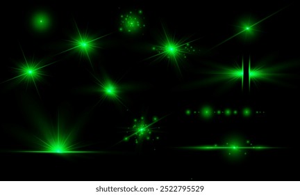 Light green effect reflections, neon illumination in white colors. Bright light lens. Police light effects, lines. Shiny stars, glowing sparks on a black background. Vector green light effect