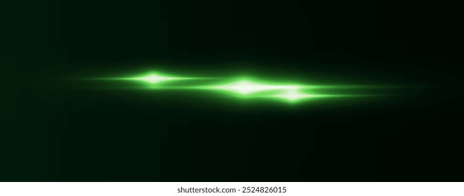 Light green effect reflections, neon illumination in white colors. Bright light lens. Police light effects, lines. Shiny stars, glowing sparks on a black background. Vector green light effect