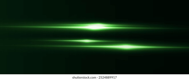 Light green effect reflections, neon illumination in white colors. Bright light lens. Police light effects, lines. Shiny stars, glowing sparks on a black background. Vector green light effect